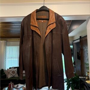 Remy Leather Brown Trench Coat with Tan Collar